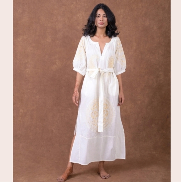 Rhea Handmade Cotton Silk Embroidered Floral Puffed Sleeve Bohemian Casual Midi - Picture 2 of 13